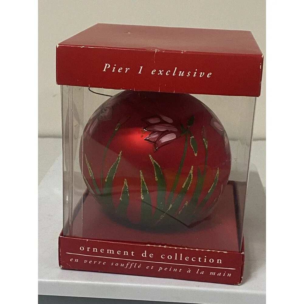 Pier 1 Exclusive Hand Painted & Christmas Ornament w box poinsettia
